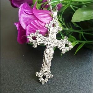 New! Cross + Chain Easter Lily Large 2.9” Silver Floral  Beautiful